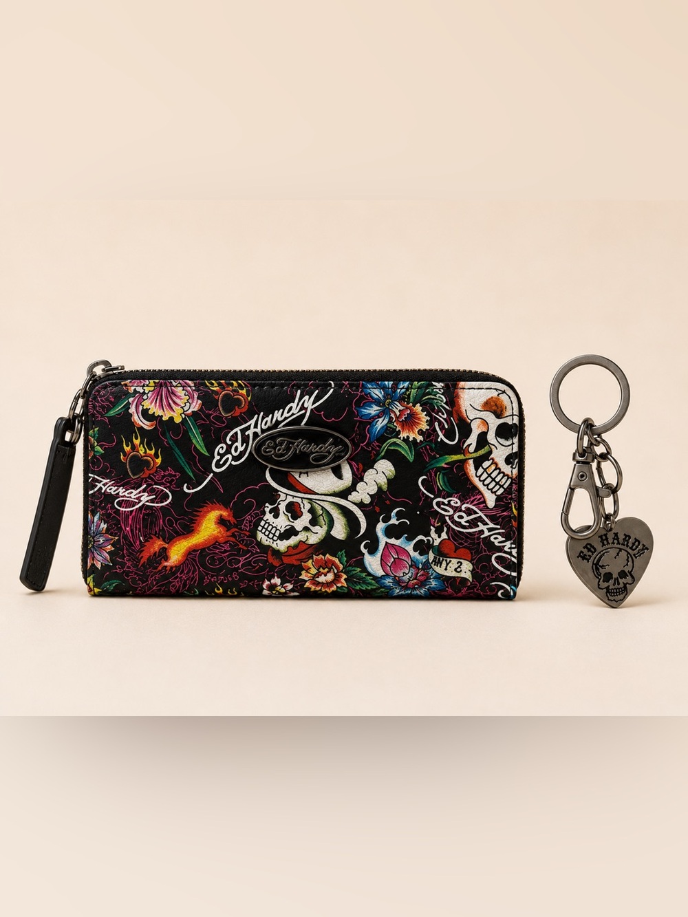 Ed Hardy Zip Around Wallet & Skull Key Ring Gift Set Y2K Tattoo Print Rare NWT